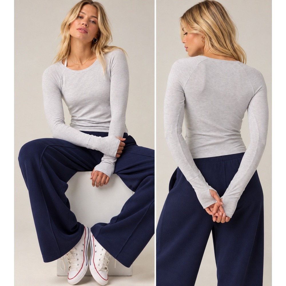 OFFLINE by Aerie Ribbed Long Sleeve Top M/M Gray Modal Stretch Fitted